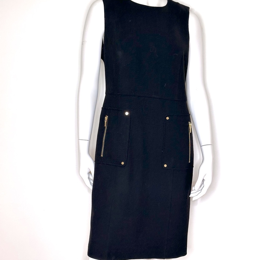 Tory Burch Black Sheath Midi Dress SZ 10 Gold Zipper